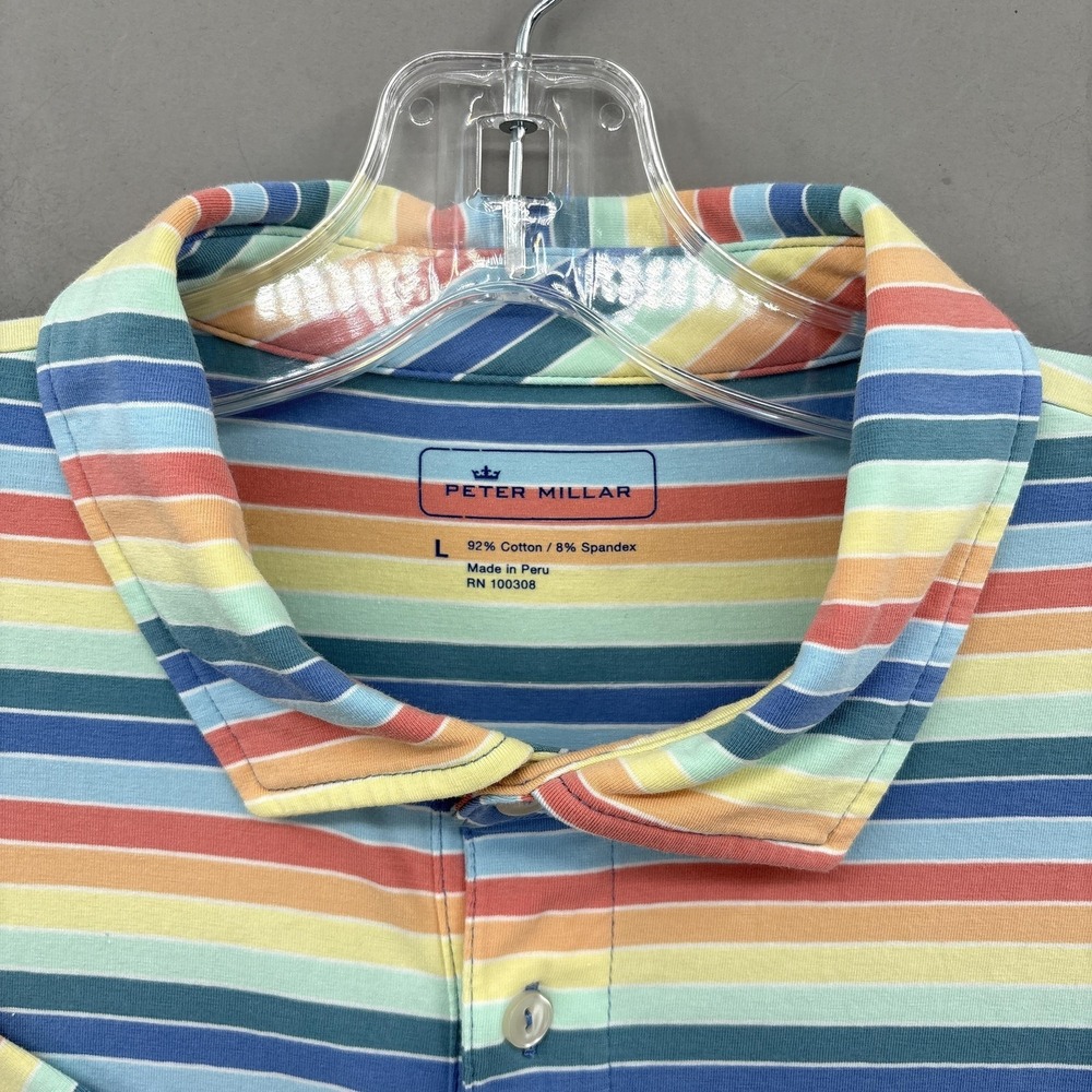 Peter Millar Polo Shirt Mens Large Multicolor Striped Pocket Cotton Stretch Golf - Picture 5 of 11
